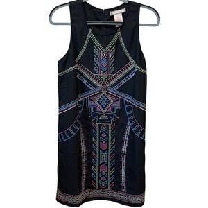 Flying Tomato Black Embroidered Geometric Tribal Sleeveless Mini Shift Dress L
